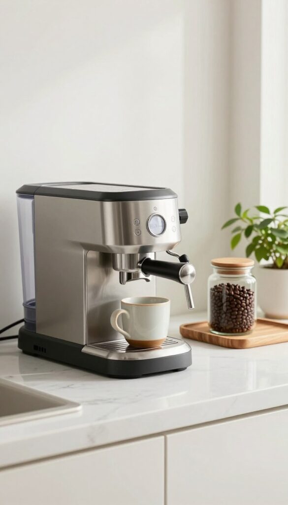 Clean and organized coffee station with espresso machine, mug, and coffee beans on marble countertop