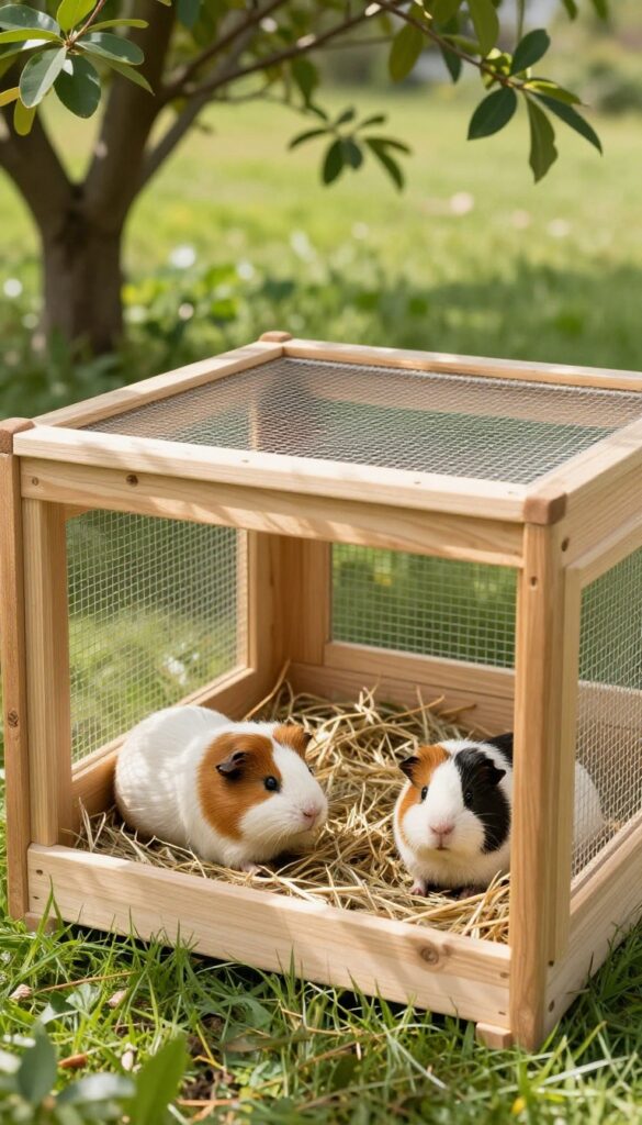 Raised garden bed converted into an outdoor guinea pig enclosure with hardware cloth lid, deep hay bedding, and guinea pigs inside.