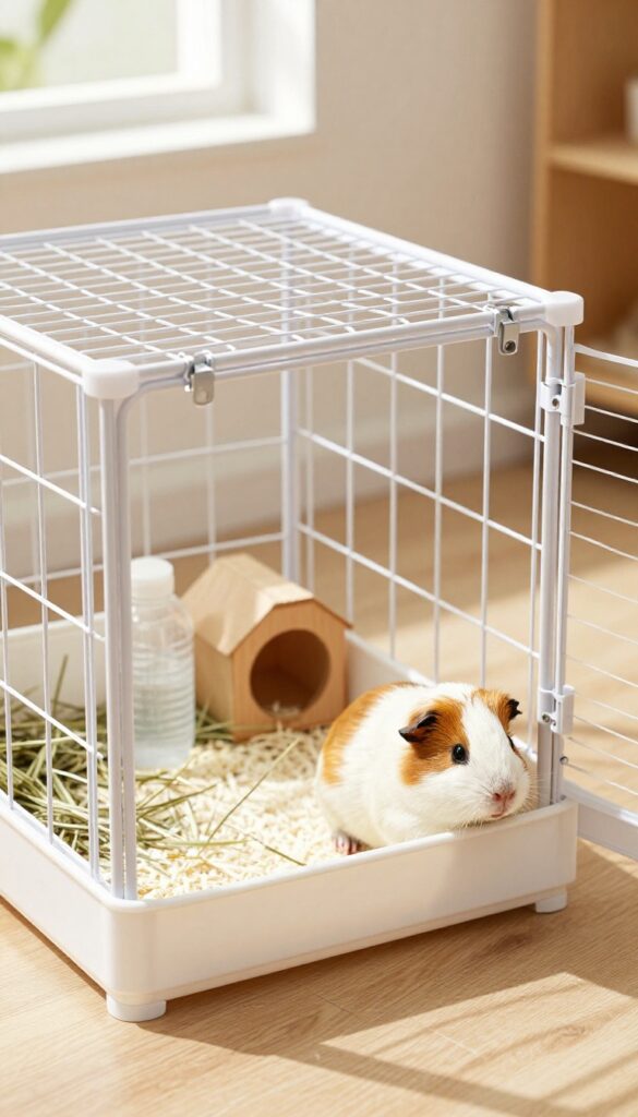 Modular guinea pig cage with removable wire panel, plastic base, bedding, hay rack, water bottle, and hideout in natural light.