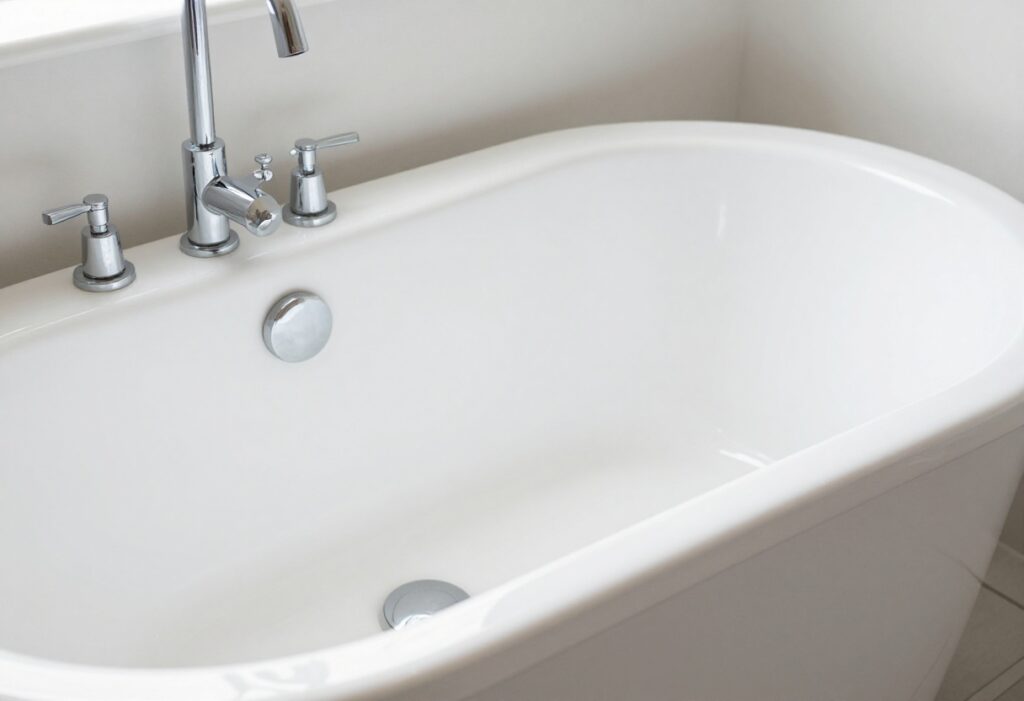 Clean white bathtub with shiny chrome fixtures and a fresh appearance