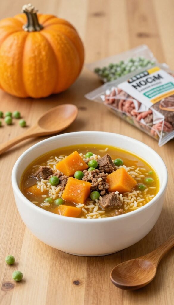 Beef and pumpkin stew in a dog bowl with ingredients on a wooden table, homemade dog meal prep.