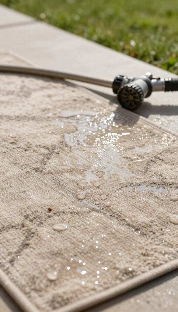 Close-up of a wet area rug being rinsed with a garden hose on a sunny patio.