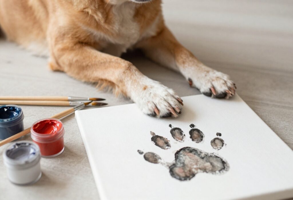 Dog paw being painted on canvas for a keepsake art project