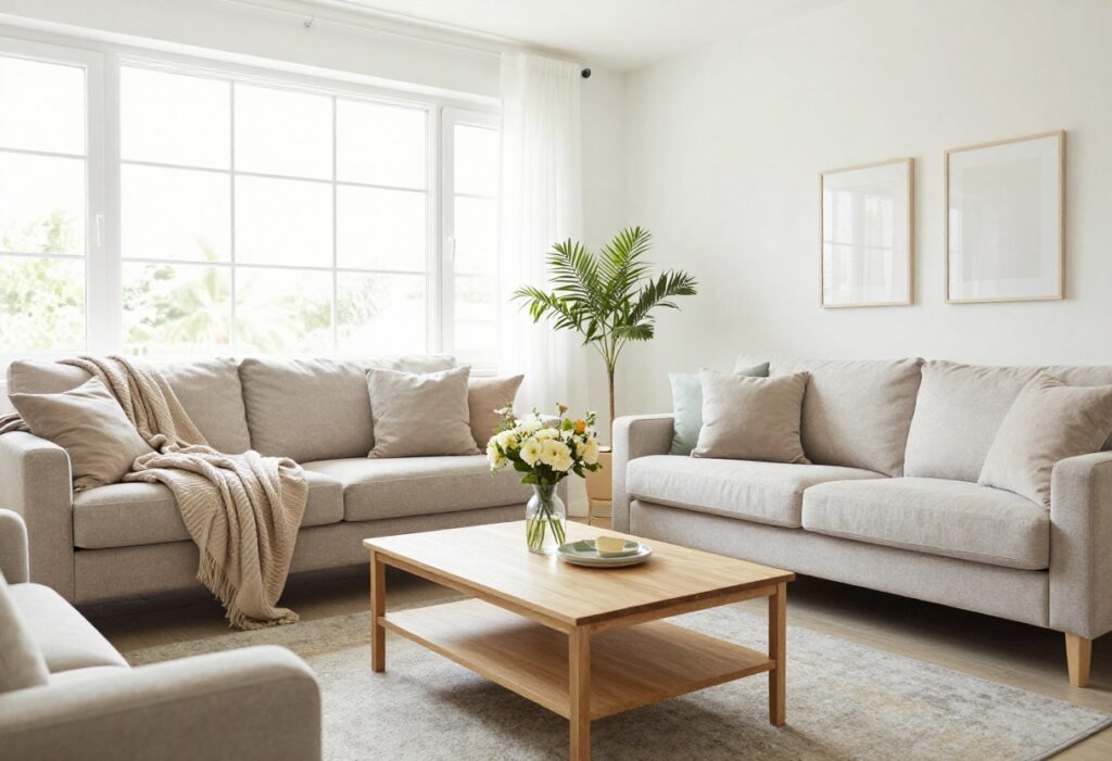 Clean and organized living room with natural light and fresh flowers on coffee table