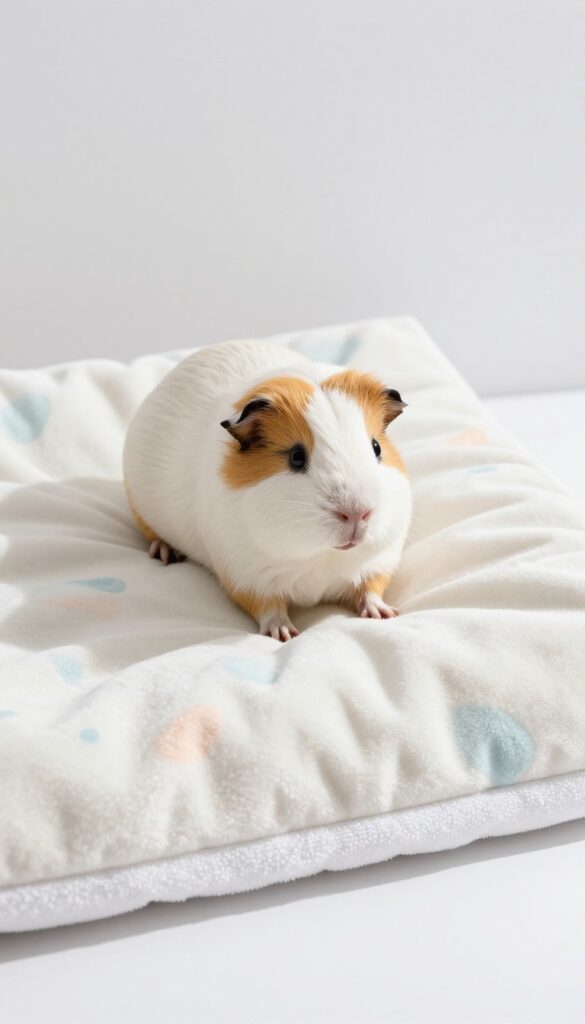 Guinea pig sitting on soft fleece cage liner in a clean, bright cage