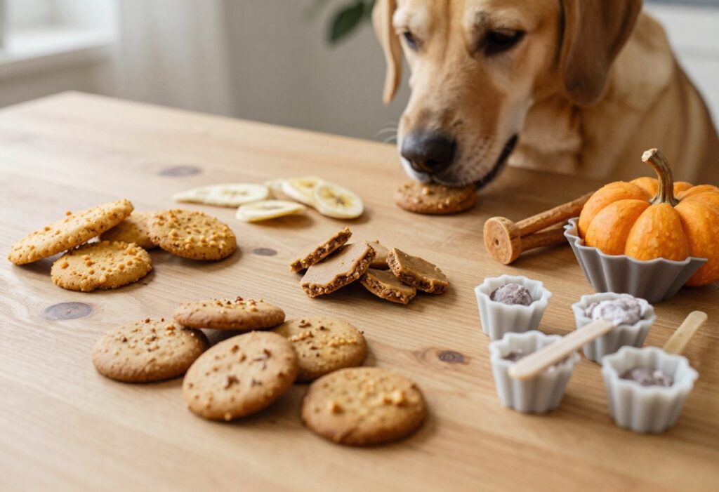 Homemade grain-free dog treats on a wooden table with a dog sniffing nearby