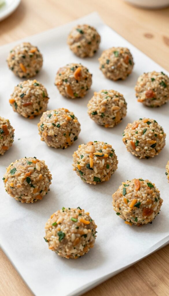 Homemade pork and rice dog meatballs baked on a parchment-lined sheet, perfect as a dog treat or meal topper.