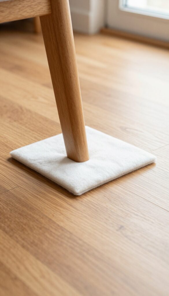 Close-up of a wooden chair leg on a felt pad protecting a hardwood floor