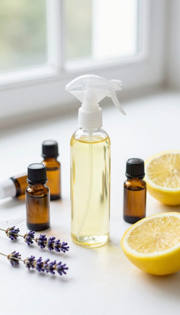 Essential oils and spray bottle on kitchen counter