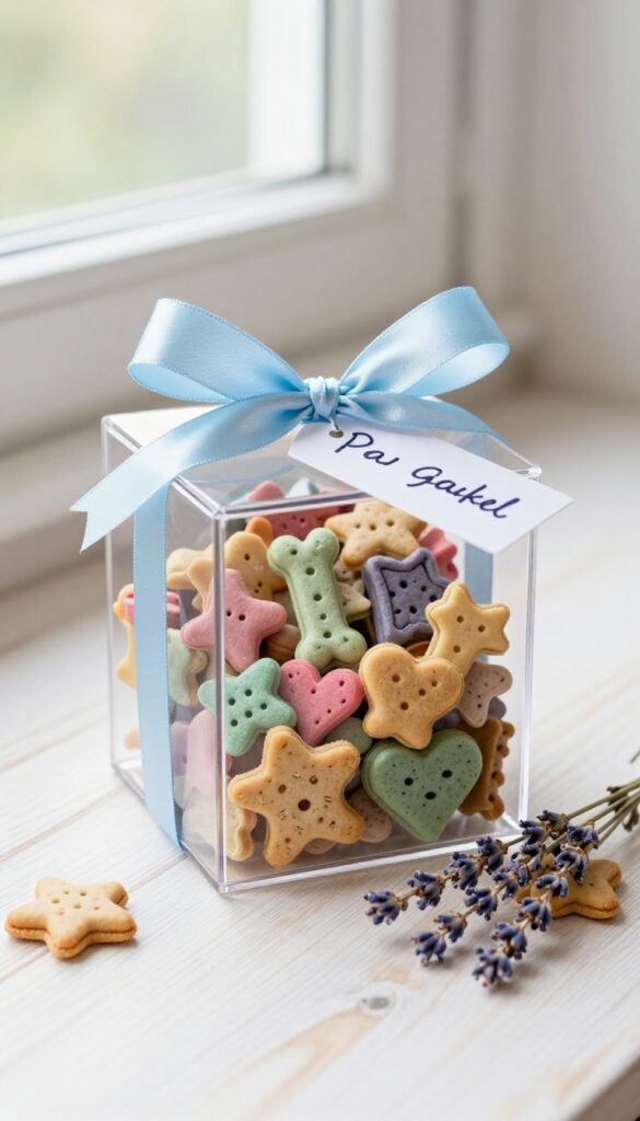 Clear acetate box filled with colorful dog treats tied with a satin ribbon