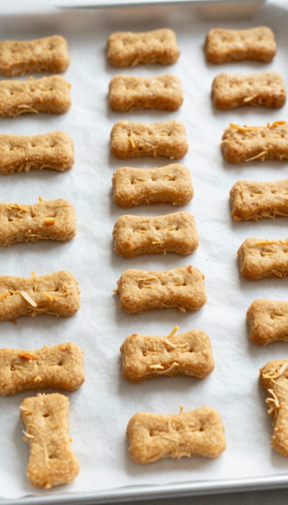 Homemade chicken and apple training bites for dogs on a sheet pan