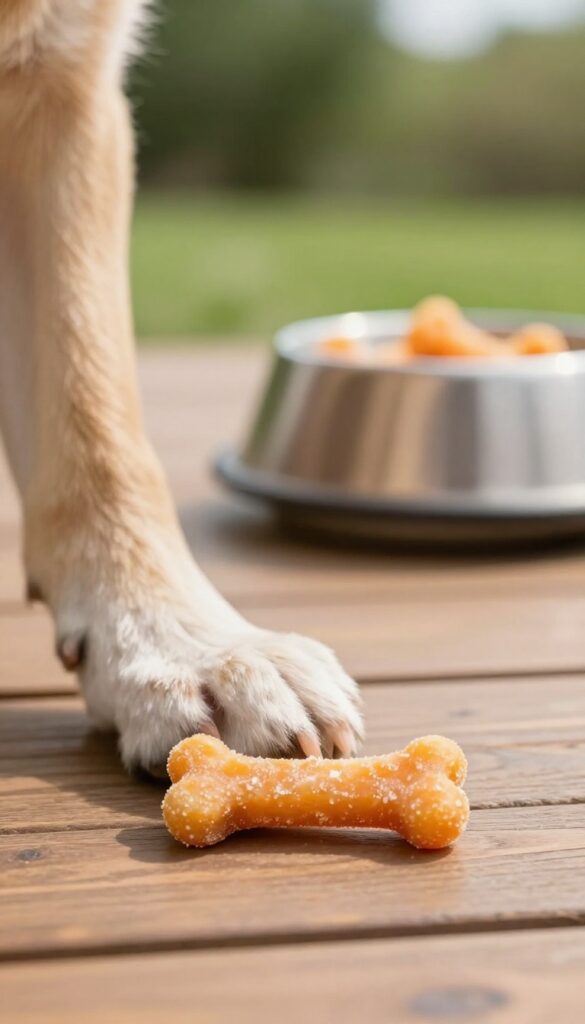 A dog holding a frozen pumpkin and pork treat in its mouth outdoors on a sunny day.
