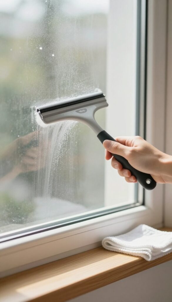 Person cleaning a window with a squeegee, sparkling glass, bright natural light, clean home interior