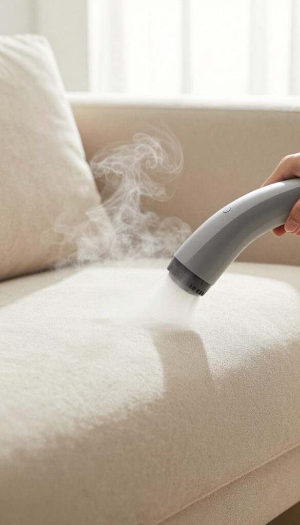 Handheld garment steamer cleaning a beige fabric sofa with steam, bright natural light, photorealistic home cleaning scene.