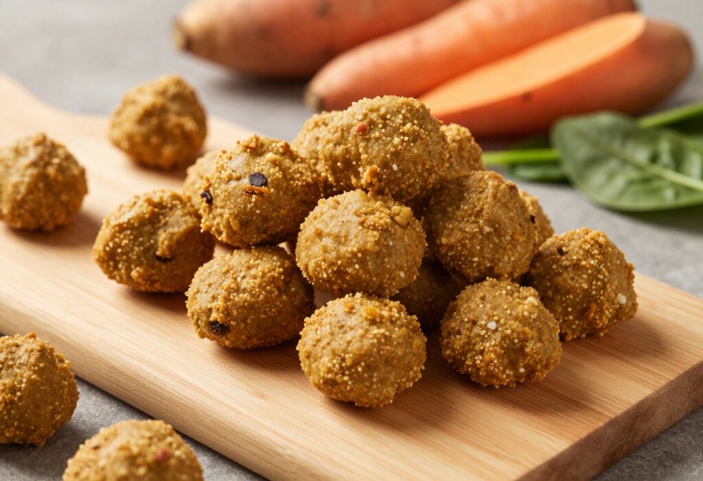 Homemade dog food nuggets on a wooden board with fresh ingredients