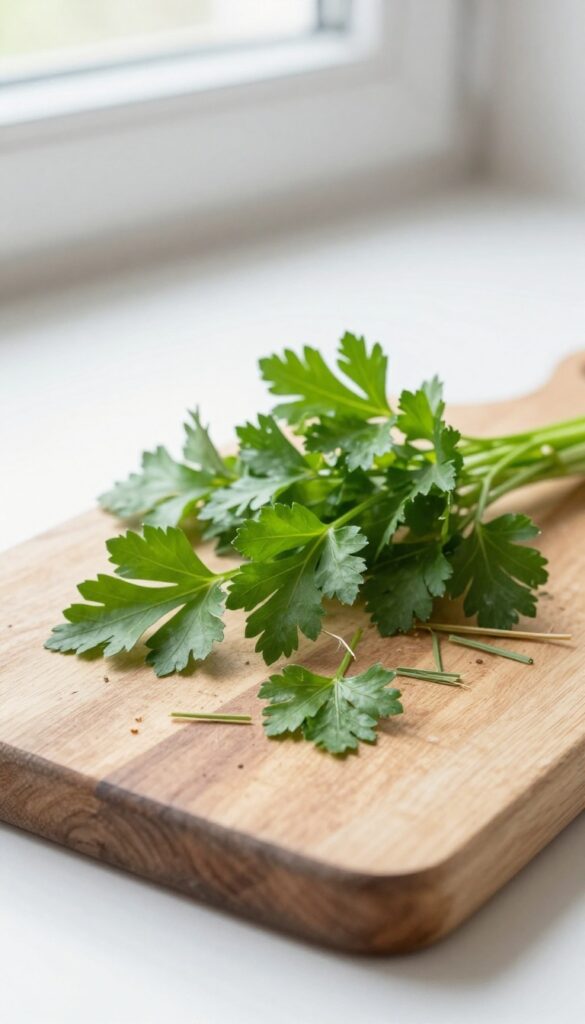 Fresh parsley sprigs on a wooden board with grass and hay, natural lighting, photorealistic.