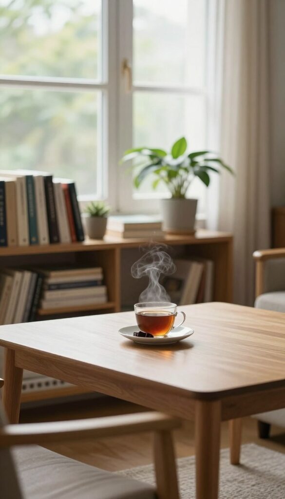 Cozy living room with a reward of dark chocolate and tea on a clean coffee table after cleaning.
