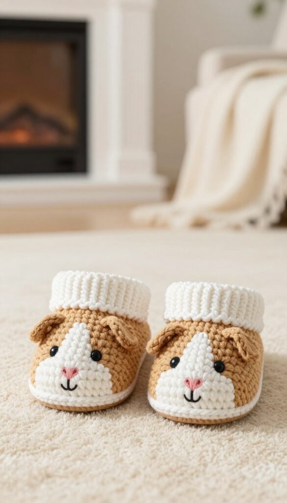 Crocheted guinea pig slippers with embroidered faces on a rug in a cozy living room