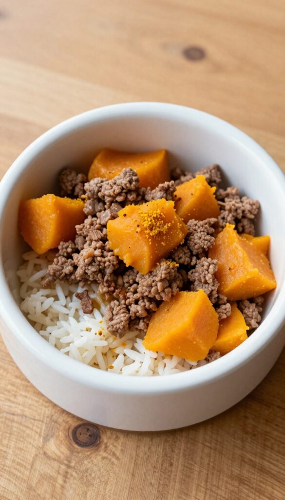Small portion of homemade beef and pumpkin dog food in a white bowl on a wooden table, with cooked rice on the side.
