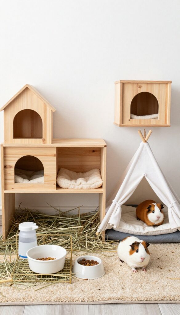 Guinea pig cage with hideouts along back wall, fleece bedding, food and water bowls in front, bright natural light.