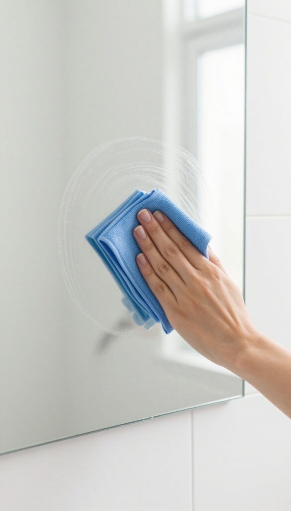A person cleaning a bathroom mirror with a microfiber cloth, achieving a streak-free shine.