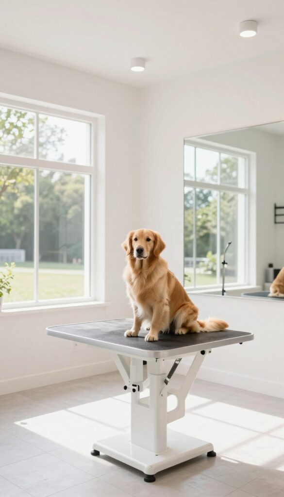 Bright natural lighting in a dog grooming salon with a golden retriever on a grooming table