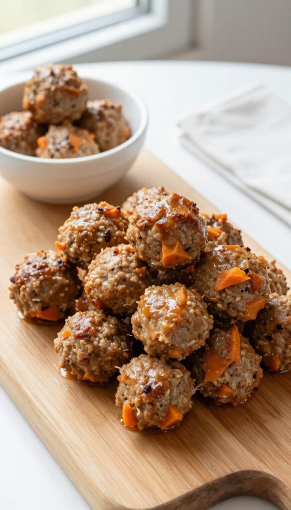 Homemade soft turkey and sweet potato dog meatballs on a wooden board, perfect for training treats or daily rewards.
