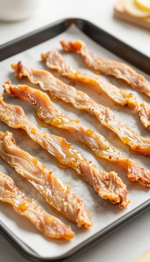 Homemade apple-infused chicken jerky strips on a dehydrator tray, a healthy dog treat recipe.
