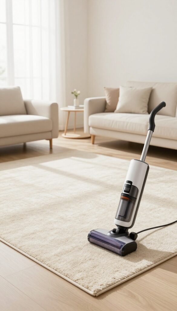 A vacuum cleaner on a beige rug in a bright living room, illustrating the importance of regular vacuuming for rug care.