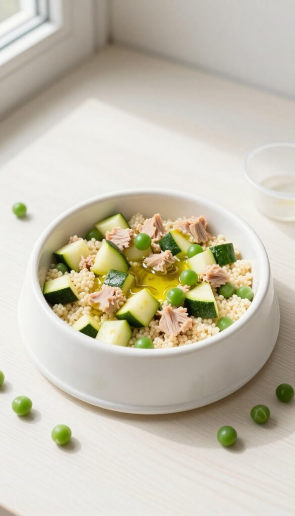 Homemade dog food bowl with tuna, couscous, zucchini, and green beans, served in a white ceramic bowl on a wooden table.