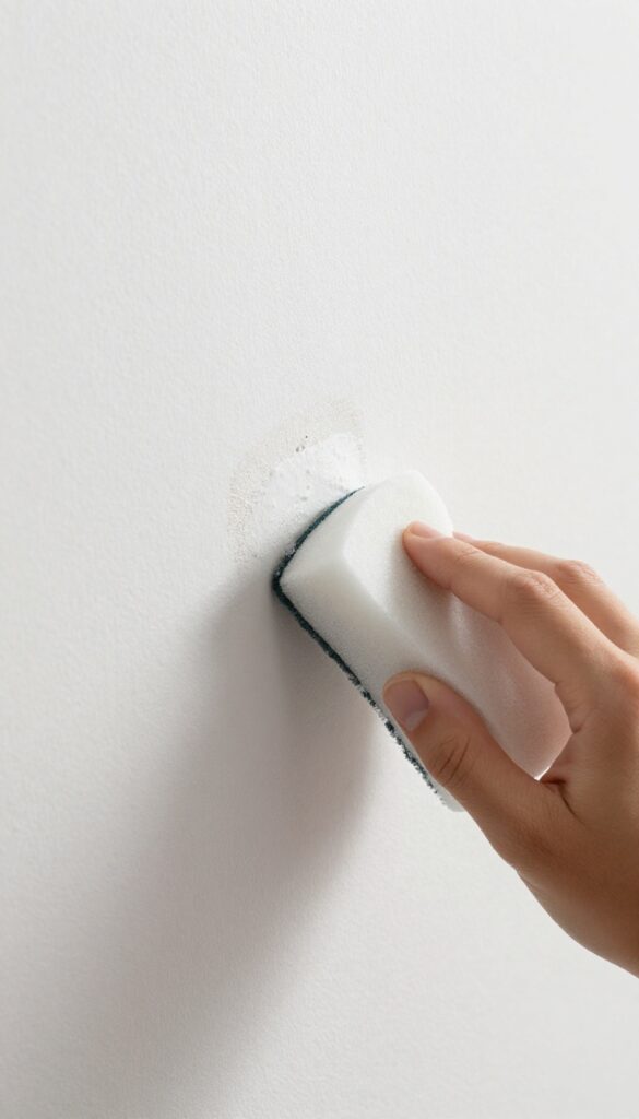 Close-up of a Magic Eraser cleaning a scuff mark on a white wall