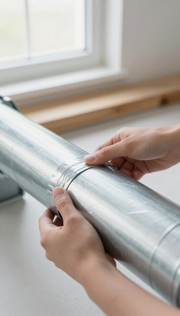 Hands sealing a leaky duct joint with mastic tape in a bright attic