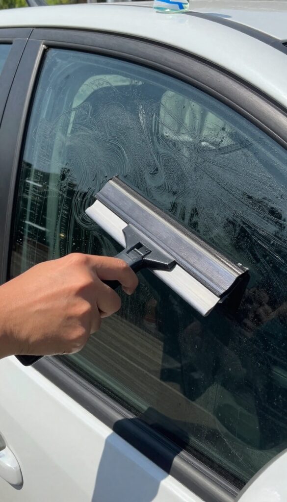 Hand using squeegee to clean car window with vinegar solution, bright sunlight, streak-free glass.