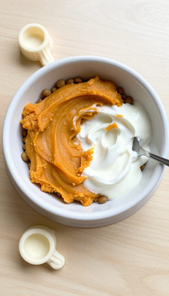 Dog bowl with dry kibble topped with a pumpkin and Greek yogurt swirl, with frozen swirl treats on the side.