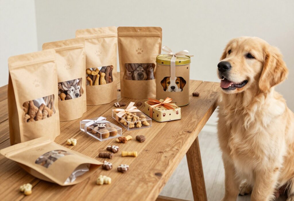 Cute dog treat packaging ideas displayed on a wooden table with a golden retriever puppy