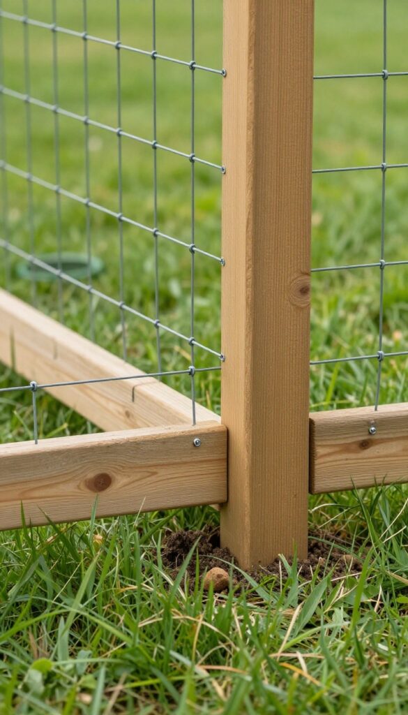 L-footer wire fence extension installed along a wooden fence in a backyard, partially covered with soil and grass.