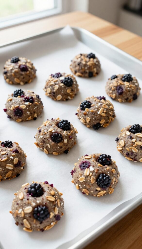 Homemade no-bake blackberry and coconut oil dog treats on a parchment-lined tray, close-up overhead view.