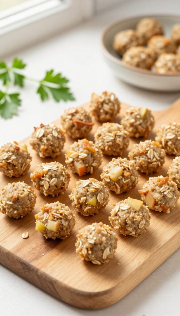 Homemade turkey and apple dog meatballs on a wooden cutting board, soft natural lighting, overhead view.
