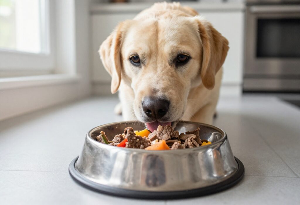 Dog looking eagerly at a bowl of homemade dog food with meat and vegetables