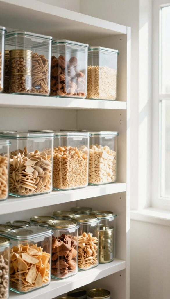 A well-organized pantry with clear bins and baskets, neatly grouped food items, and natural light.