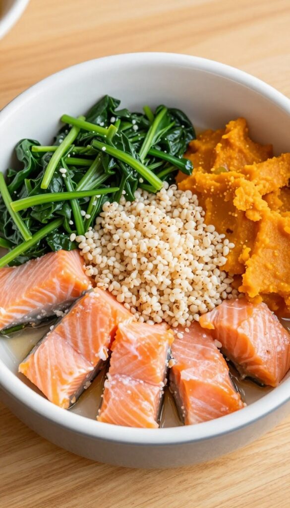 Homemade dog food recipe: salmon and quinoa dinner in a dog bowl, with spinach and pumpkin puree, chicken-free protein variety.