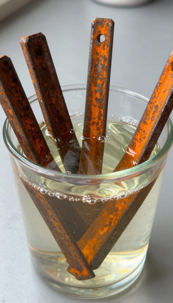 Rusty tools soaking in a citric acid bath in a glass container