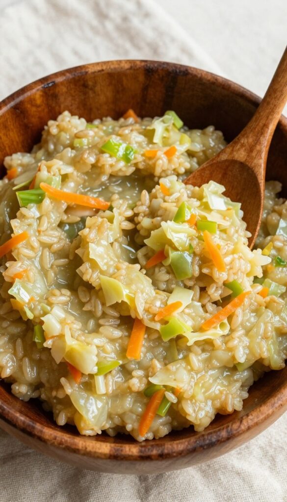 Homemade dog food mash with cabbage, brown rice, and carrots in a wooden bowl
