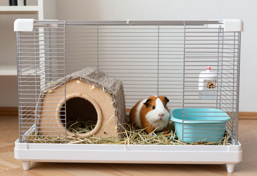 Guinea pig cage with DIY fleece tunnel and wooden hideout