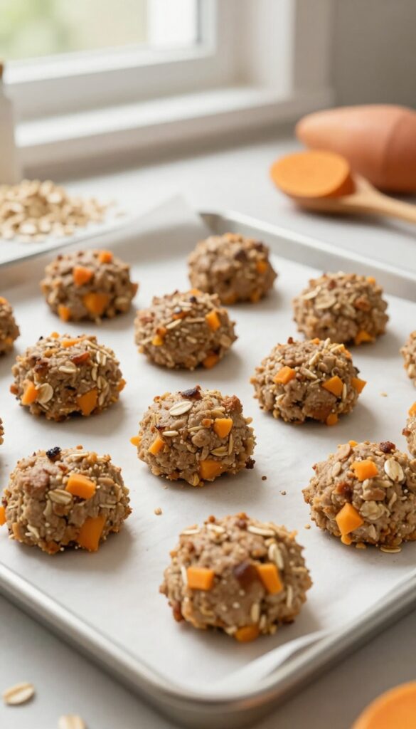 Freshly baked beef and sweet potato dog patties on a parchment-lined baking sheet, close-up, photorealistic, bright natural light.