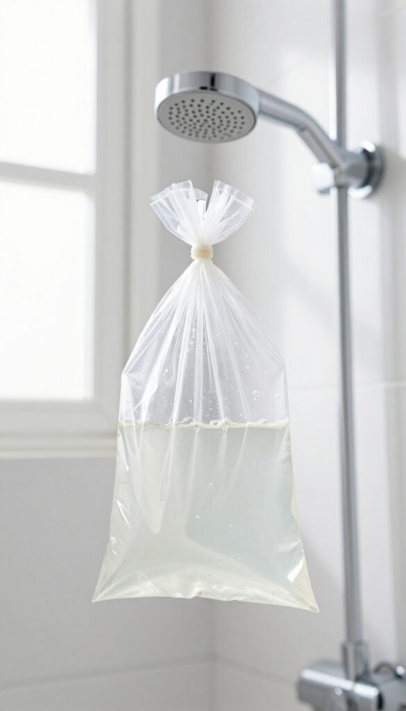 Showerhead soaking in a bag of vinegar overnight to remove hard water deposits.