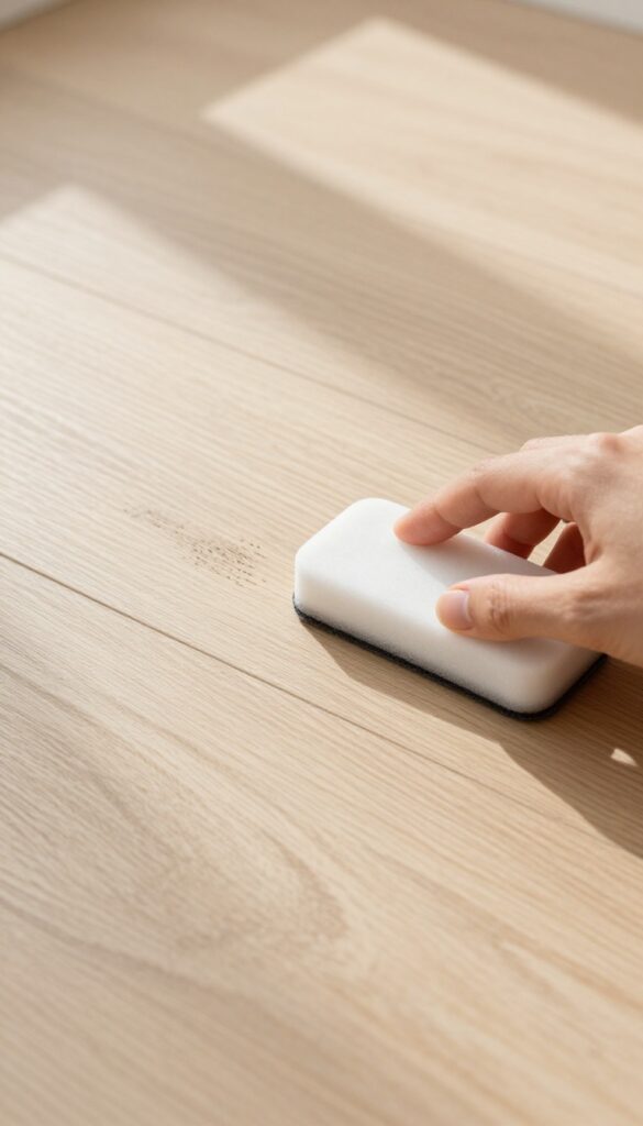 Hand using a magic eraser to remove a scuff mark from a vinyl plank floor