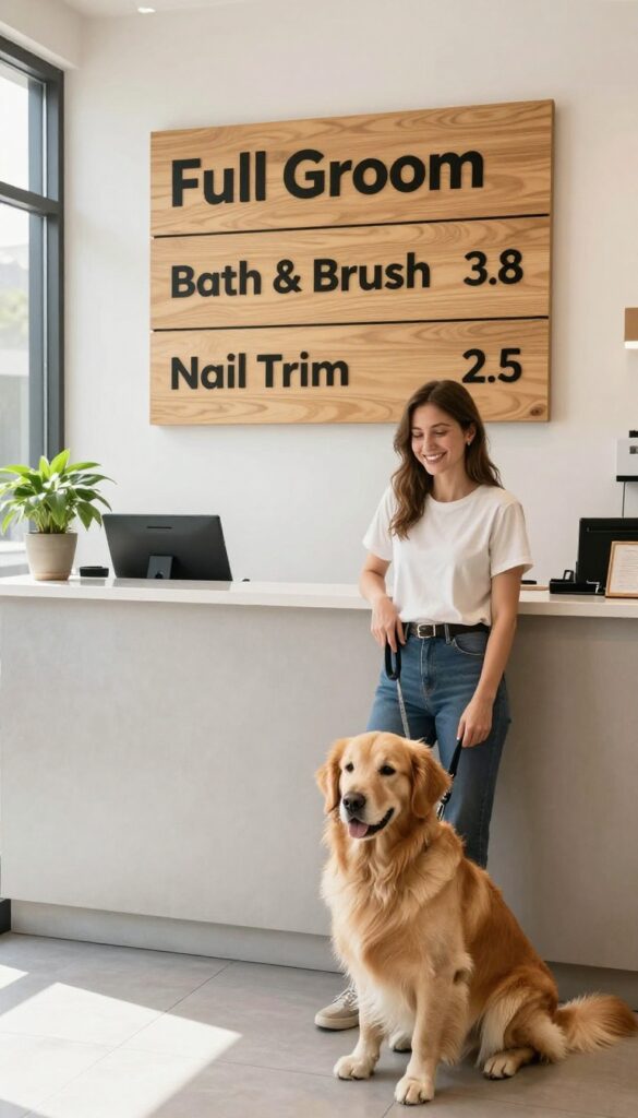 Dog grooming salon reception with clear pricing board and dog owner looking at it