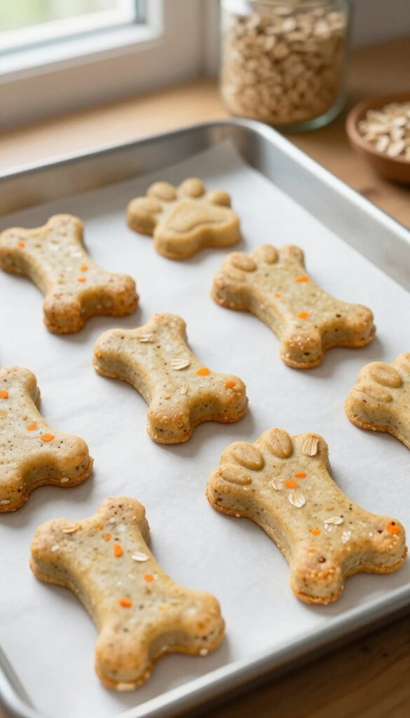 Homemade dog treats in bone and paw-print shapes on a baking sheet, made with oats and carrots, dairy-free and egg-free.