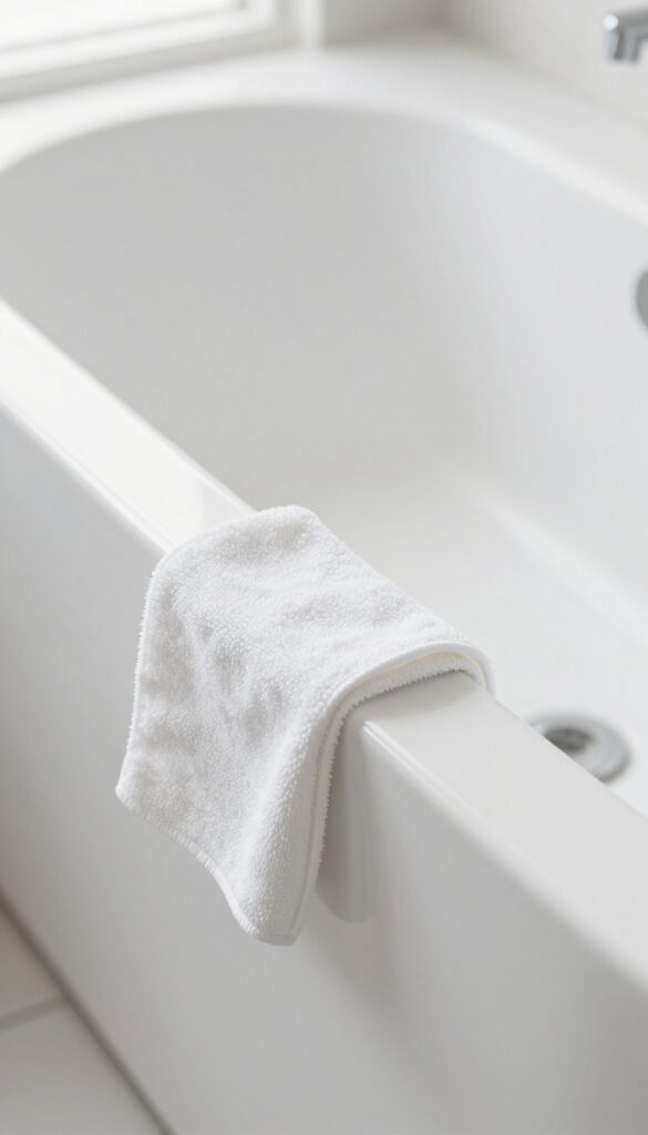 Dry bathtub with microfiber cloth, bright natural light, no water, clean and minimal